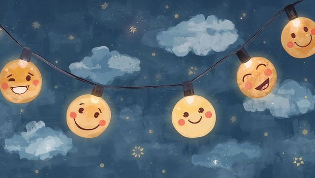 Dreamy glowing smiley lanterns hanging across starry watercolor night sky festive kids decor