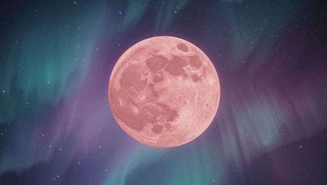 Mystical pink full moon with vibrant aurora night sky