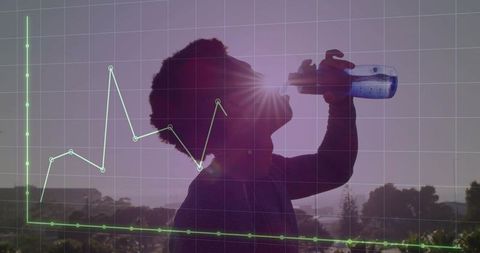 Drinking silhouette tilting back at sunset with neon analytics overlay and lens flare