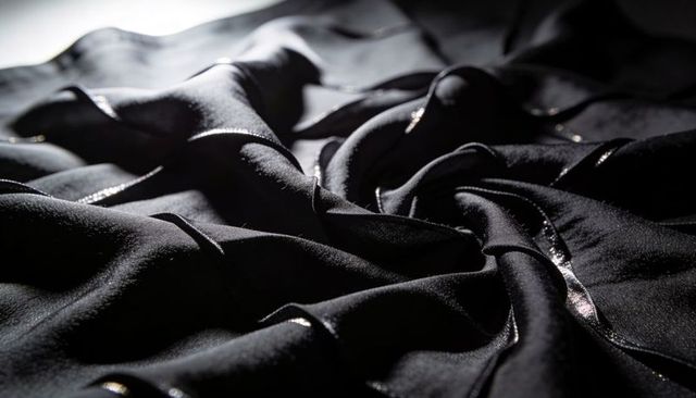 Shimmering black satin swirl with glossy folds, silk sheen for luxury background