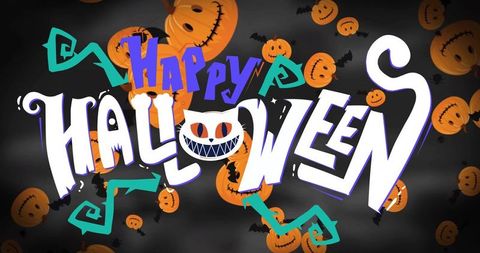 Happy halloween handlettering banner featuring grinning cat o, pumpkins and bats