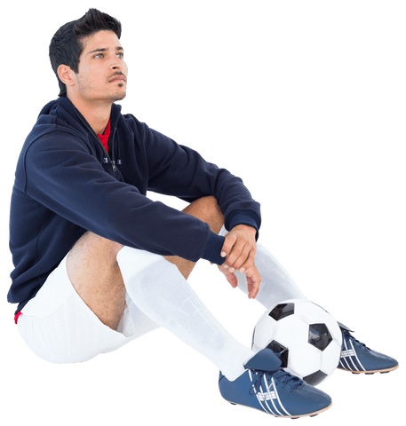 Thoughtful Young Male Football Player Sitting on Transparent Background