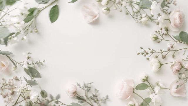 Soft pastel floral border featuring pink roses, peonies and eucalyptus for wedding invites