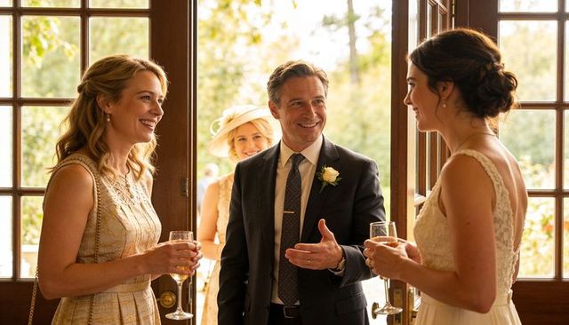 Smiling man greeting bride and guests at sunlit wedding reception by french doors