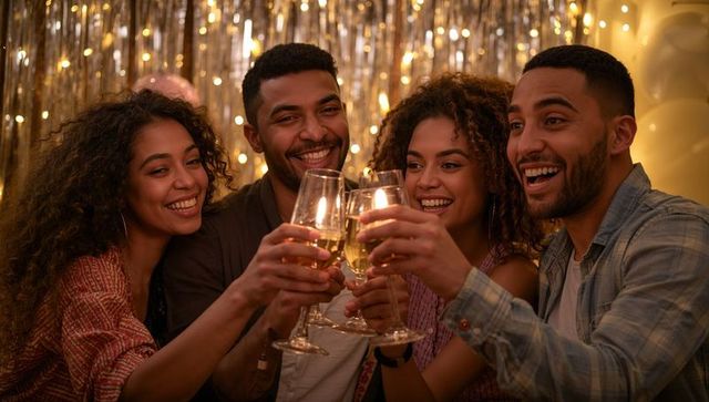 Friends toasting champagne at home party under warm twinkle lights and metallic fringe