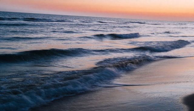 Pastel sunset rolling waves along tranquil shoreline creating foamy reflections at twilight