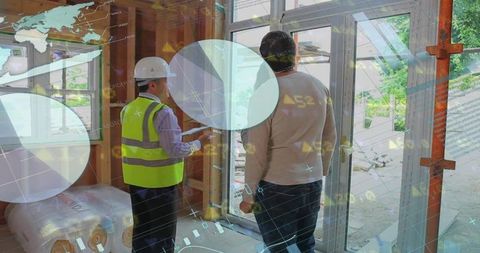 Architect and client reviewing home construction plans analysis overlay