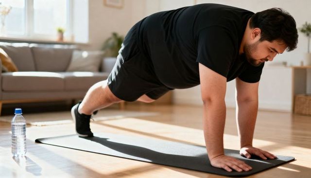 Asian man holding high plank on yoga mat in sunlit living room during home workout