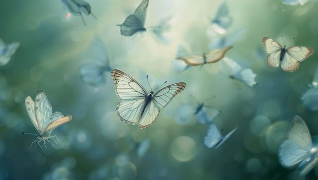 Translucent teal butterflies floating in sunlit forest clearing with soft bokeh glow
