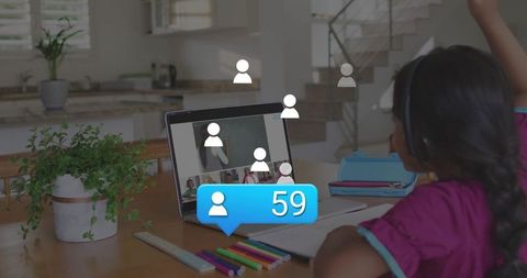 Child attending online class at home with laptop and headphones showing rising participant count