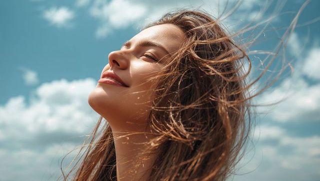 Joyful Woman Feeling Breeze and Sunshine Under Blue Sky