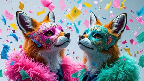 Stylish foxes with elegant carnival masks in a crazy confetti celebration