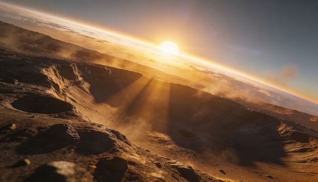 Sunrise over alien impact crater casting golden rays across barren planetary surface