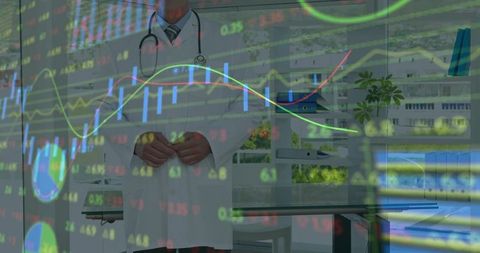 Standing doctor in lab coat and stethoscope with financial market data overlay