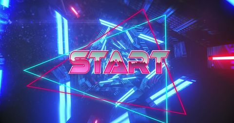Neon tunnel game start text with sci-fi vibes