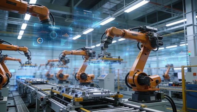 Orange Robotic Arm Lifting Metal Tray on Conveyor with Holographic Analytics for Smart Factory