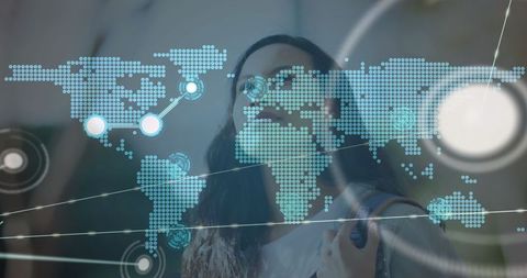 Woman in urban setting with digital world map overlay