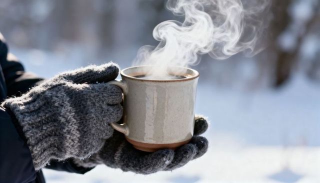 Steaming ceramic mug cradled in gray wool mittens in snowy forest winter warm beverage