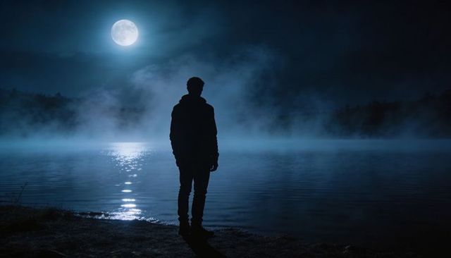 Silhouette standing at moonlit lake shore reflecting under misty night sky contemplative