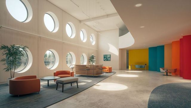 Modern vibrant lobby with minimalist design and colorful accents