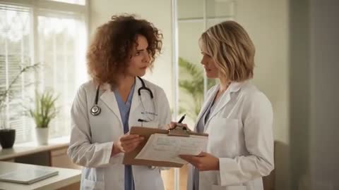 Female doctors discussing patient chart, reviewing notes and collaborating on treatment plan