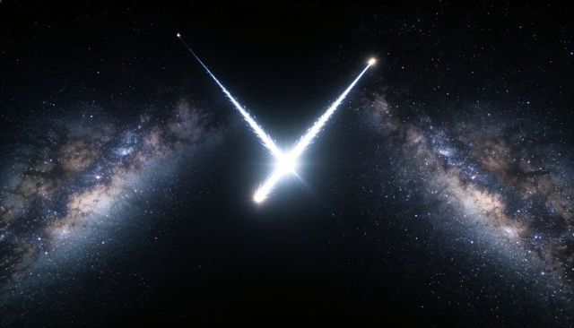 Converging comet pair colliding into central flare with twin milky way bands and nebula