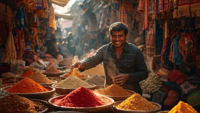 Smiling spice vendor scooping vibrant spices in bustling bazaar at golden hour