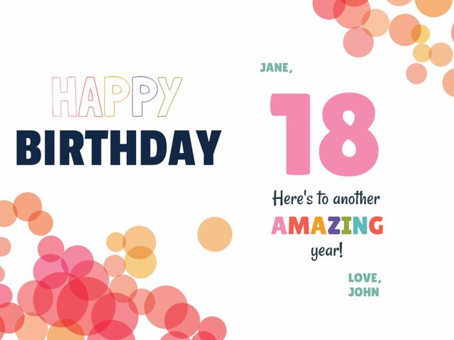 Perfect for celebrating an 18th birthday with style, this vibrant card features bold typography and colorful balloon designs. It sends heartfelt birthday wishes and highlights the significant milestone of turning 18. An ideal choice for sending birthday greetings to friends or family.