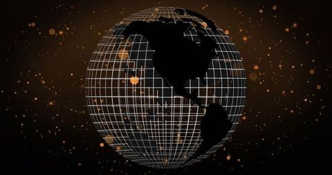 Rotating Wireframe Globe Showing Americas Silhouette with Amber Particle Glow