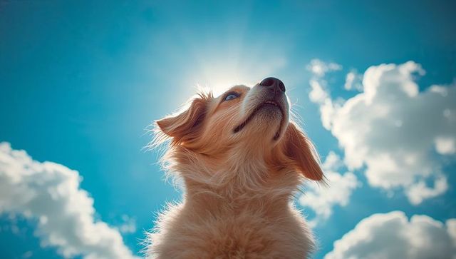 Golden longhair dog tilting head toward sunlit blue sky with rimlight halo and fluffy fur