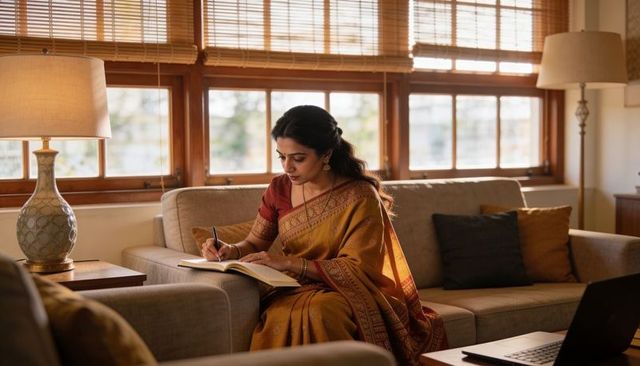 Woman in mustard sari writing in notebook on cozy sunlit sofa with laptop nearby