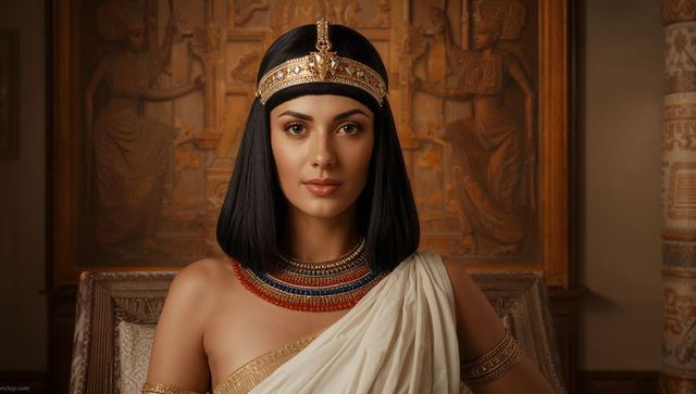 Egyptian queen in golden diadem and beaded collar