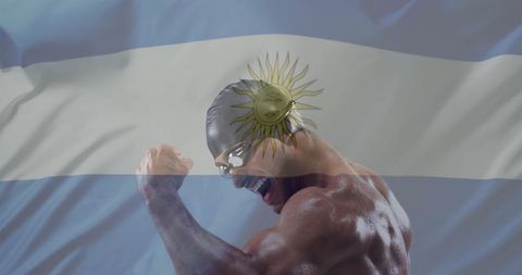 Caucasian Swimmer Celebrating with Argentina Flag Overlay