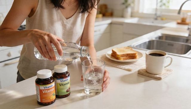 Pouring water for morning vitamins in sunlit kitchen with toast and coffee