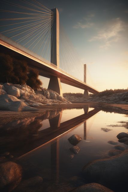 Bridge crossing river over landscape with rocks and trees, created using generative ai technology. Building, construction, architecture, digitally generated video.