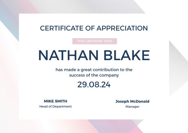 Elegant certificate template featuring appreciation text, personalized name, date, and manager signatures. Perfect for recognizing employees' contributions and achievements in a corporate setting. Editable design allows for customization across various celebrations and accolades in office environments.