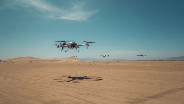 Drones Flying Over Desert Landscape with Blue Sky