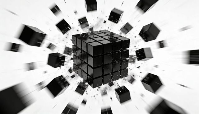 Exploding Glossy Black Cube Fragmentation with Radial Motion Blur and Detached Voxels