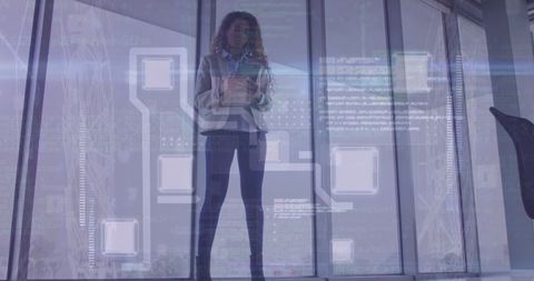 Futuristic Businesswoman Analyzing Data with Digital Interface