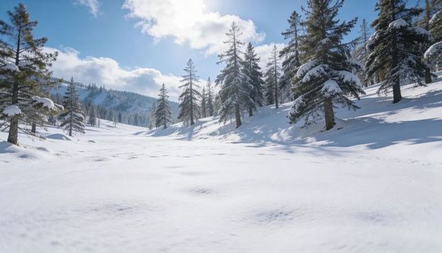 Bathing alpine clearing under bright sun with snow-covered pines casting long shadows