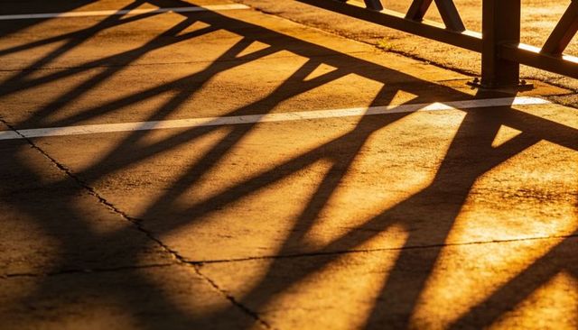 Golden hour railing shadows casting geometric patterns on sunlit concrete