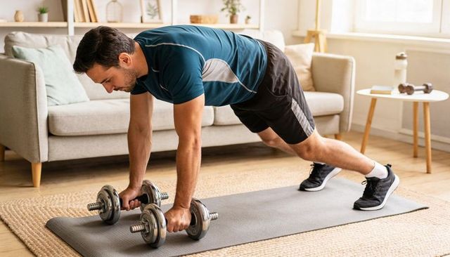 Man performing renegade row on dumbbells in living room home workout for core and strength