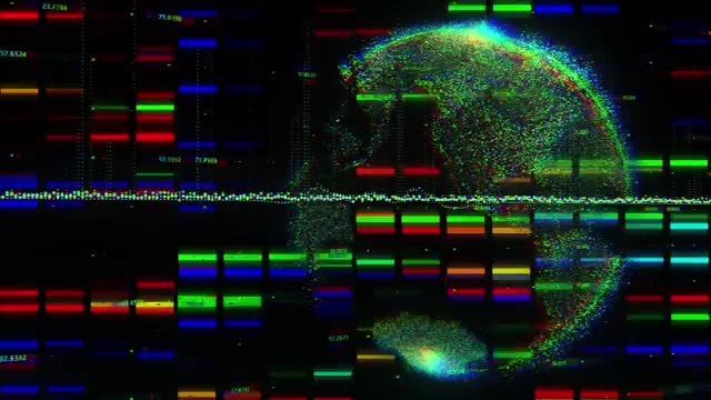 This depiction showcases a glowing digital globe with a vibrant array of binary streams and colorful lights on a sleek black background. Ideal for illustrating themes in technology, global networks, data visualization, futures studies, or illustrating abstract concepts in computing and digital innovation. Applicable in materials related to digital marketing, cybersecurity, global finance, or educational purposes highlighting technology evolution.