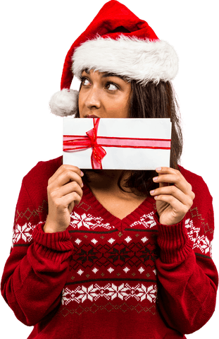 Joyful Woman Holding Gift Envelope Wearing Transparent Santa Hat