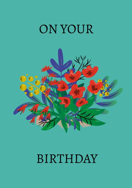 This vibrant birthday card features a colorful floral illustration on a green background. Perfect for spring events and celebrations, it conveys joy and festivity with its lively design. Ideal for creating birthday greetings, invitations, or decoration for nature-themed parties.