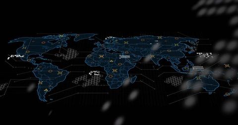 Holographic Global Network Map with Neon Blue Outlines and Glowing Data Nodes, Cyber Interface