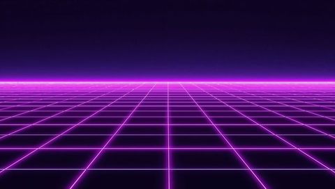 Neon retro grid horizon evoking 1980s synthwave futurism with magenta glow and reflection
