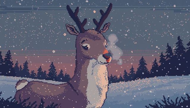 Pixel-art reindeer breathing misty puff in snowy twilight forest retro 8-bit scene
