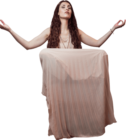 Portrait of peaceful woman levitating with calm expression, transparent drapery