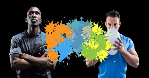 Dynamic Rugby Players Amid Vibrant Color Splatters